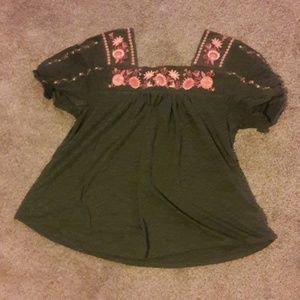 Square Cut Neck Embroidered Boho Peasant Top M